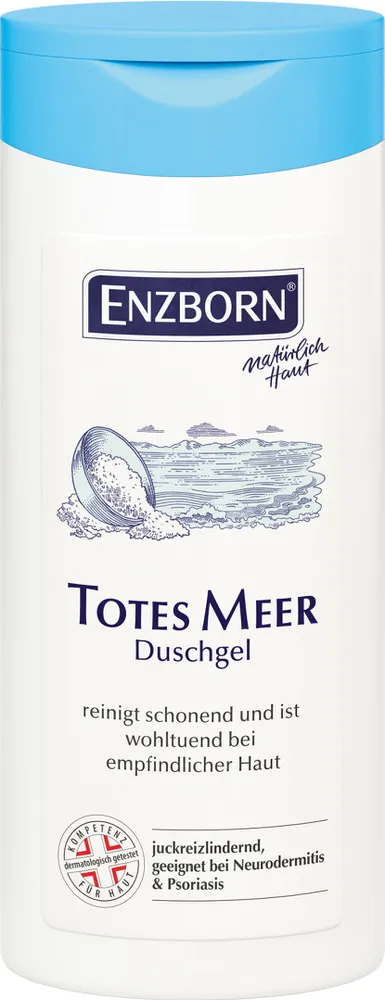 Weiße Flasche mit blauem Deckel, Aufschrift "Totes Meer Duschgel". Zeichnung von Meer und Salz auf dem Etikett.