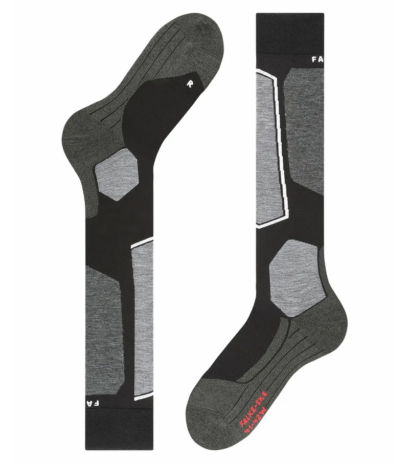Schwarz-graue Falke SK6 Skiing Kniestrümpfe mit Polsterung und grauem Muster.