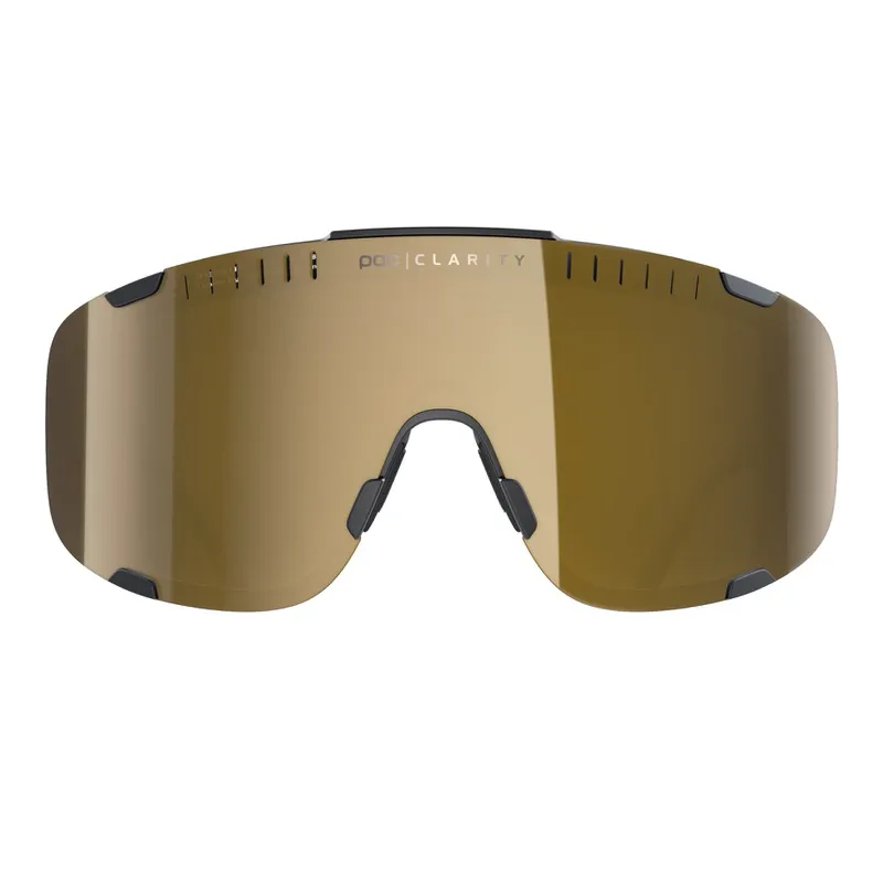 Frontansicht der POC Devour Uranium Black/Gold BSM Sonnenbrille mit goldfarbener Clarity Scheibe.