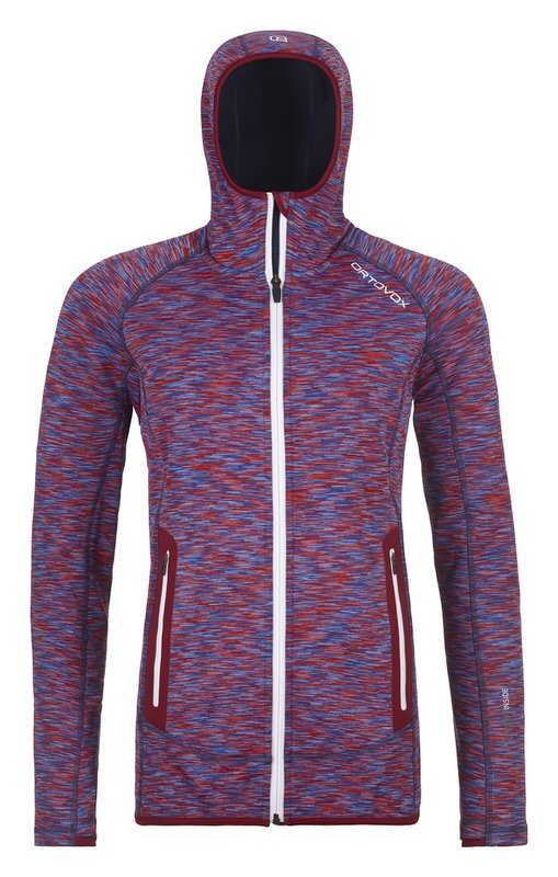 Gestreifter Ortovox Fleece Hoody Gestreifter Ortovox Fleece Dyed Hoody in rot/blau mit Kapuze und durchgehendem, weißen Reißverschluss.