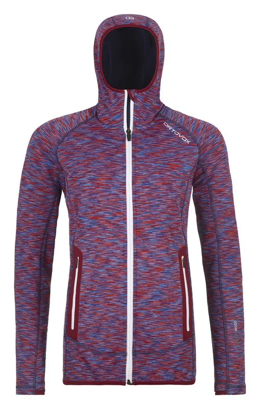 Gestreifter Ortovox Fleece Dyed Hoody in rot/blau mit Kapuze und durchgehendem, weißen Reißverschluss.