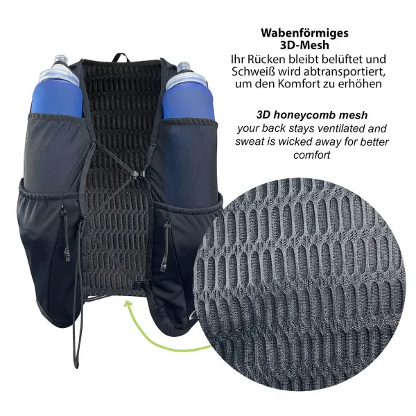 Schwarze Running Trinkweste Hydrabag Elite 8L mit zwei Trinkflaschen und wabenförmigem 3D-Mesh am Rücken.
