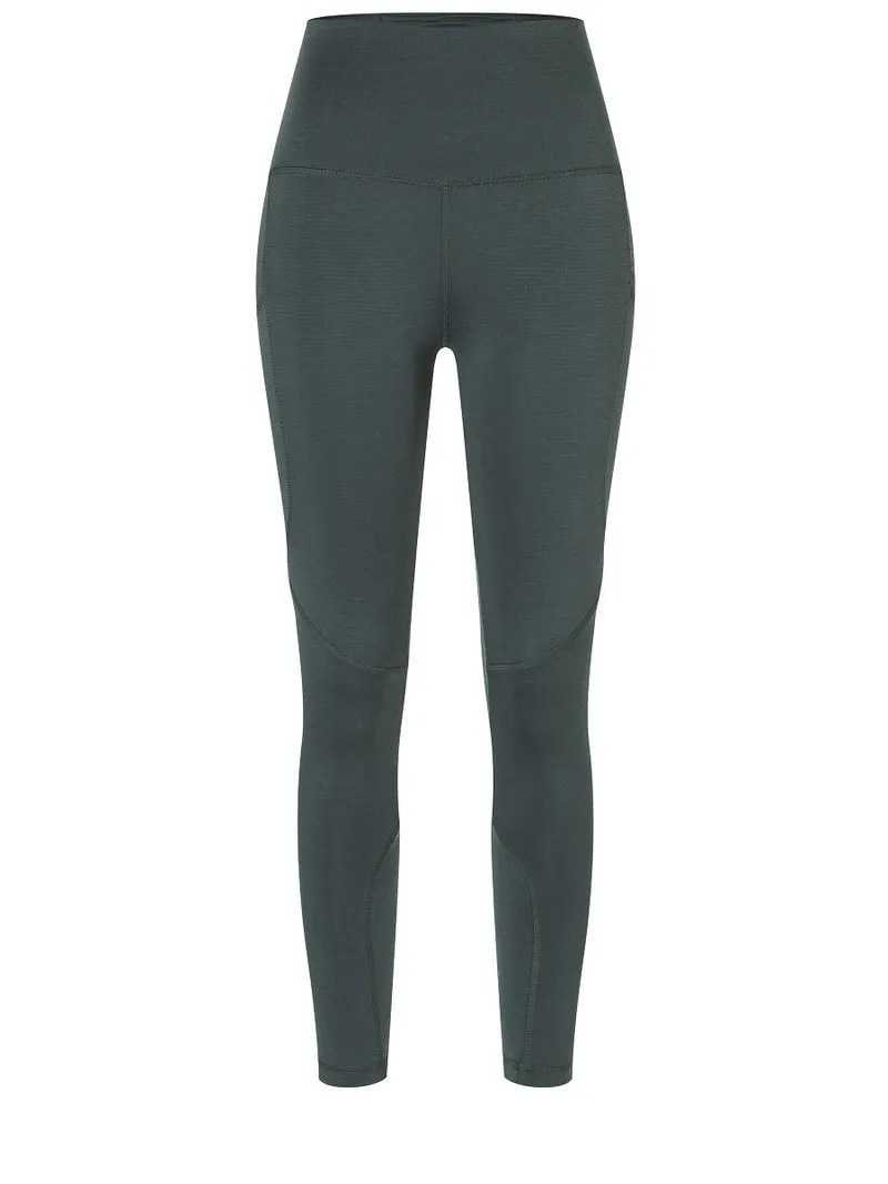 Dunkelgrüne, lange Damen Tights mit hohem Bund und Seitentasche.