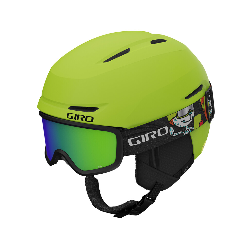 Limefarbener Giro Kinder Skihelm "Spur Flash Combo" mit grüner Skibrille und gemustertem Brillenband.