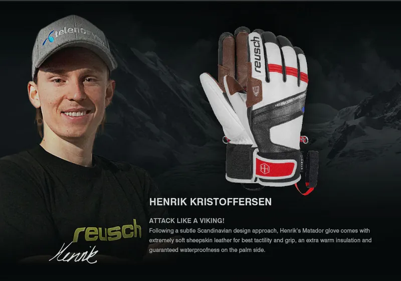 Reusch Henrik Kristoffersen Signature Handschuhe mit Leder, weiß, rot, braun und schwarz.