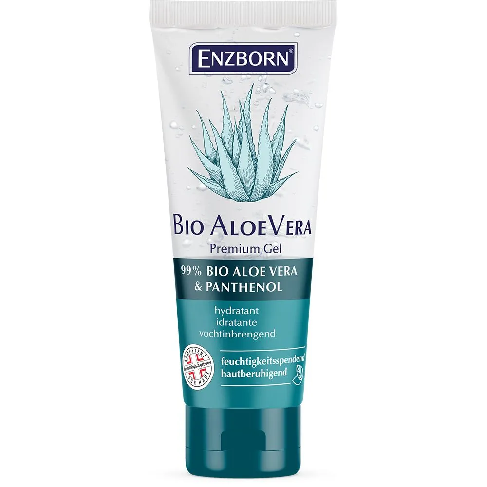 Eine Tube Enzborn Bio Aloe Vera Premium Gel mit Aloe Vera Illustration, die zu 99% aus Aloe Vera und Panthenol besteht.