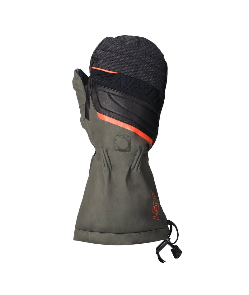 Lenz Heat Fäustling Einzelner Lenz Heat Glove Hunting Fäustling in Schwarz und Grün, mit abgeklappten Fingern und Daumen.