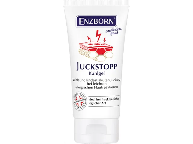 Weiße Tube Enzborn Juckstopp Kühlgel mit roter Illustration und Text, der Juckreiz bei allergischen Hautreaktionen lindert.