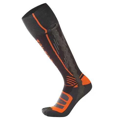 Kniestrümpfe: Dunkelgraue Heat Socks Surround Thin EVO mit orangefarbenen Akzenten, atmungsaktivem Design und leichter Kompression.