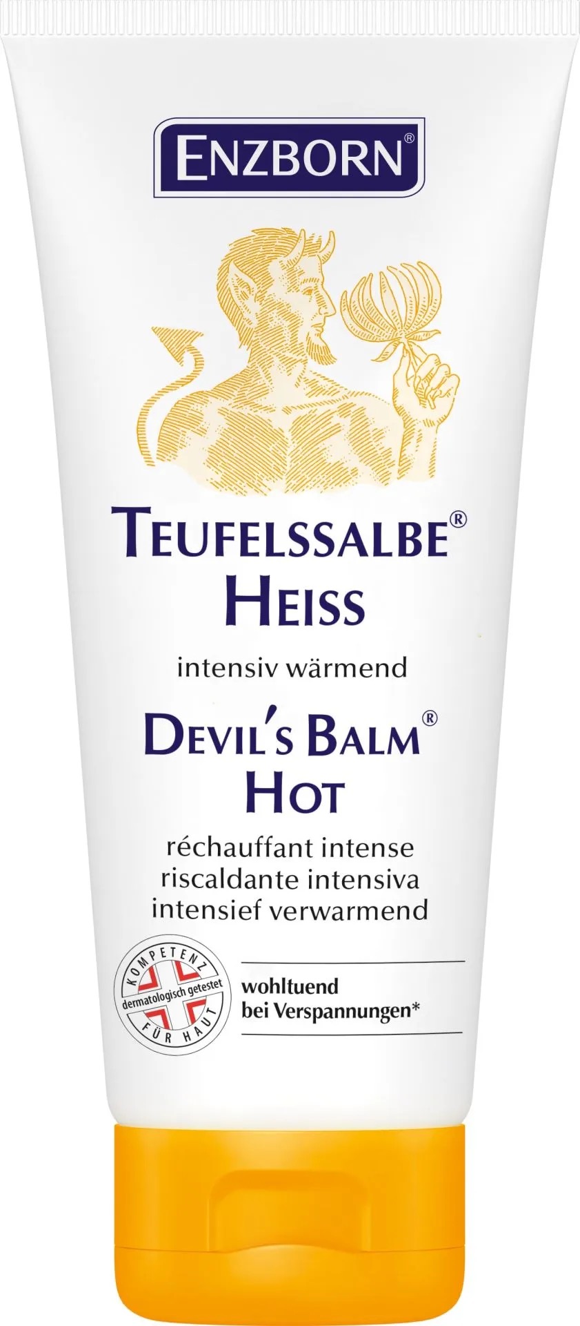 Weiße Tube "Teufelssalbe Heiss" mit einem goldenen Teufel, der eine Blüte hält, und Text in Blau und Schwarz. Gelber Deckel.