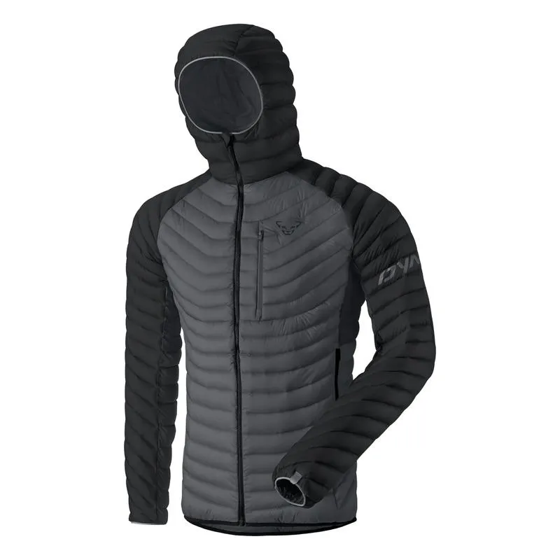 Graue/schwarze Dynafit Radical Down Herren Tourenskijacke mit Kapuze, Reißverschluss und Dynafit-Logo.