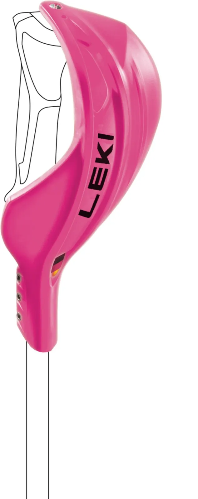 Nahaufnahme vom pinken Leki Schlagschutz Bügel mit schwarzem Logo und Montagedetails.