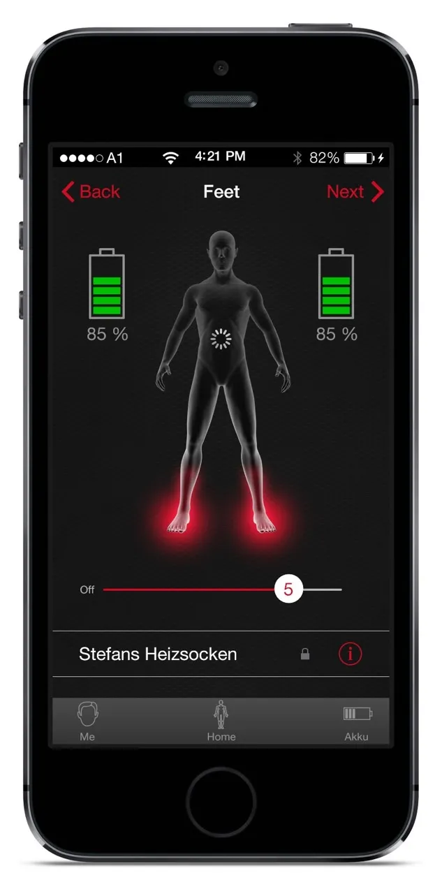 Smartphone-App zur Steuerung von Lenz Heat Socken, mit Akkuanzeige und Heizstufeneinstellung.