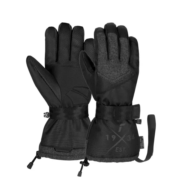 Ein Paar schwarze Winterhandschuhe mit verstellbaren Handgelenksriemen.