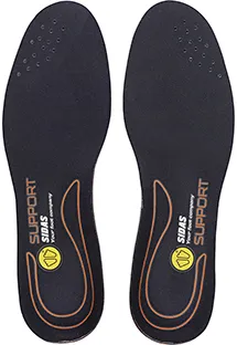 Zwei schwarze Sidas Einlegesohlen mit gelbem Logo und orangefarbenem Support-Bereich.