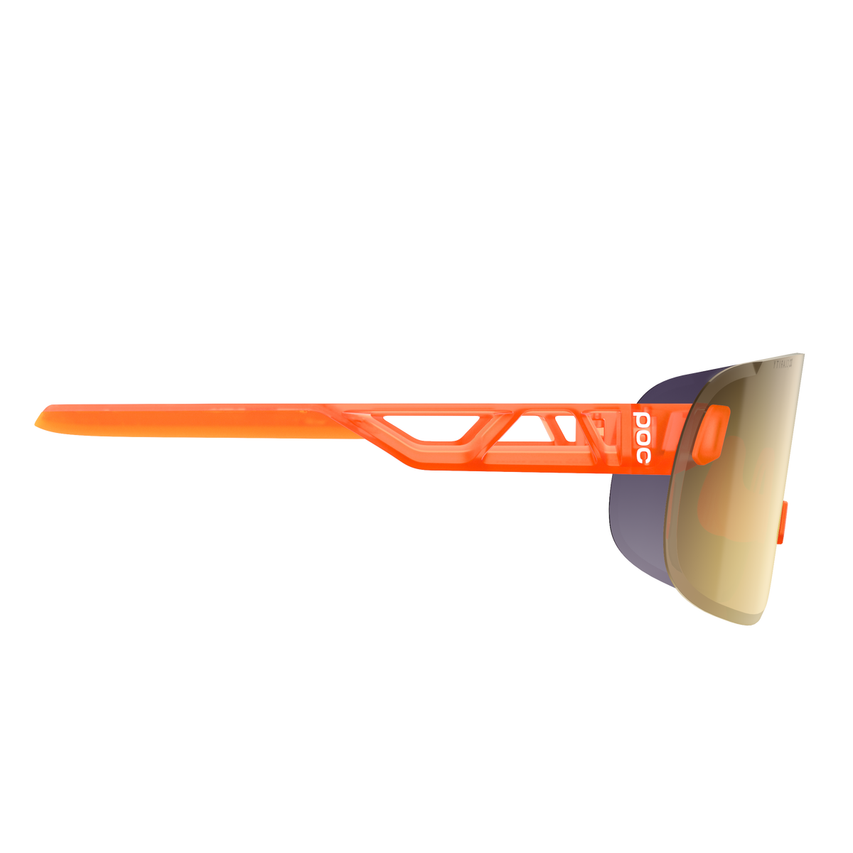 Seitliche Ansicht einer POC Elicit Sonnenbrille. Fluoreszierend orangefarbener Rahmen, violett-goldene Spiegellinse.