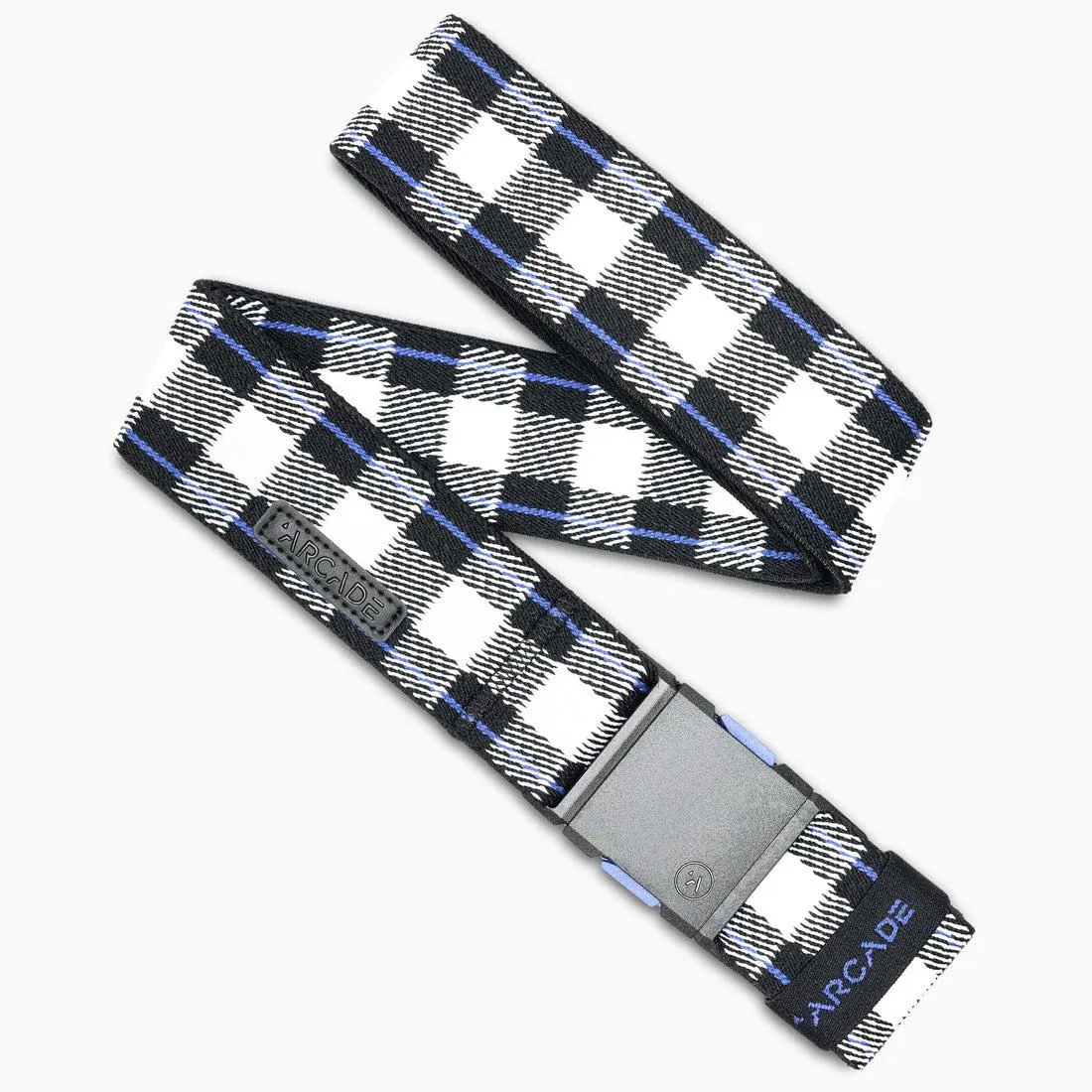 Geflochtener Arcade Plaid Gürtel, Cobald Black, mit grauer Schnalle auf weißem Hintergrund.