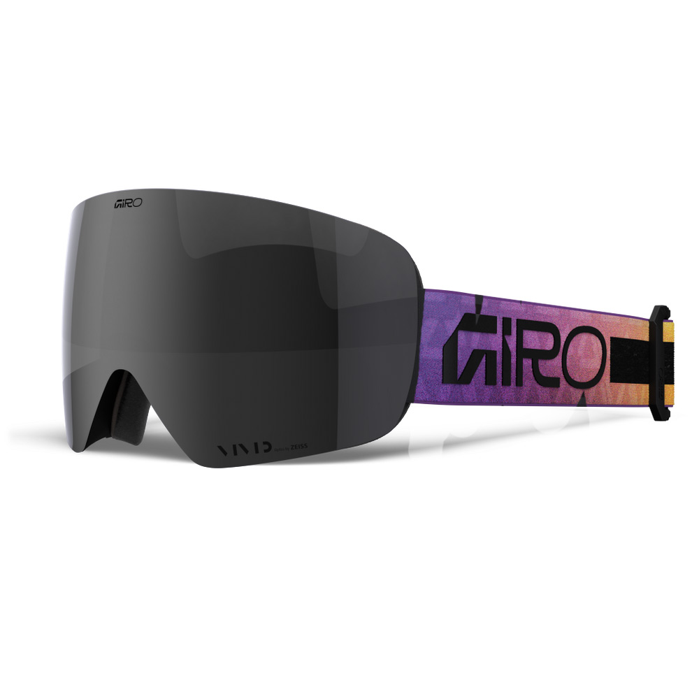 Skibrille mit dunklem Glas und lila-orange gemustertem Band mit schwarzem "GIRO"-Schriftzug.