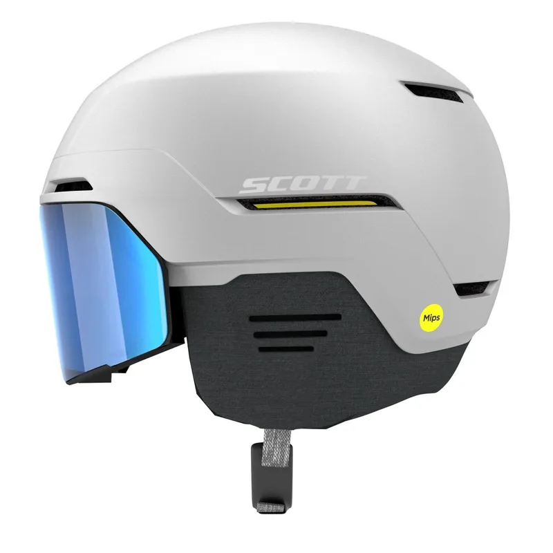 Weisser Skihelm Scott Blend Plus LS mit blauem Visier, MIPS-Aufkleber und Belüftungsöffnungen.