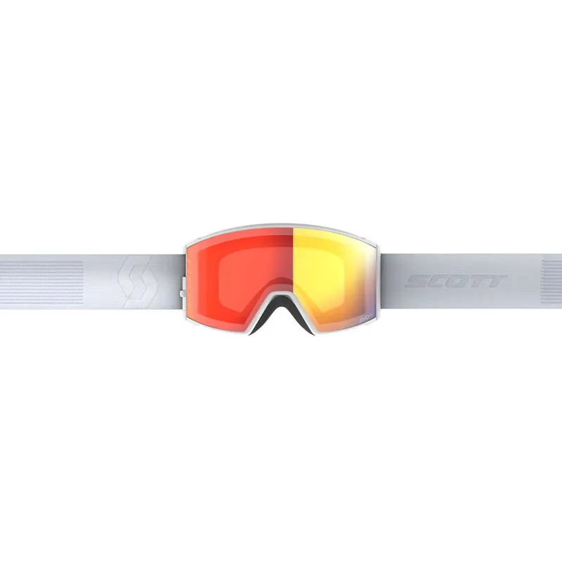 Scott React Skibrille in Mineral White, rote und gelbe zylindrische Gläser, weißes Band mit "Scott" Schriftzug.