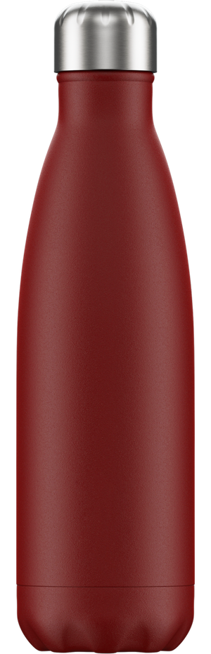 Rote Chillys Trinkflasche Eine rote, matte Chillys Trinkflasche mit silberfarbenem Deckel vor weißem Hintergrund.
