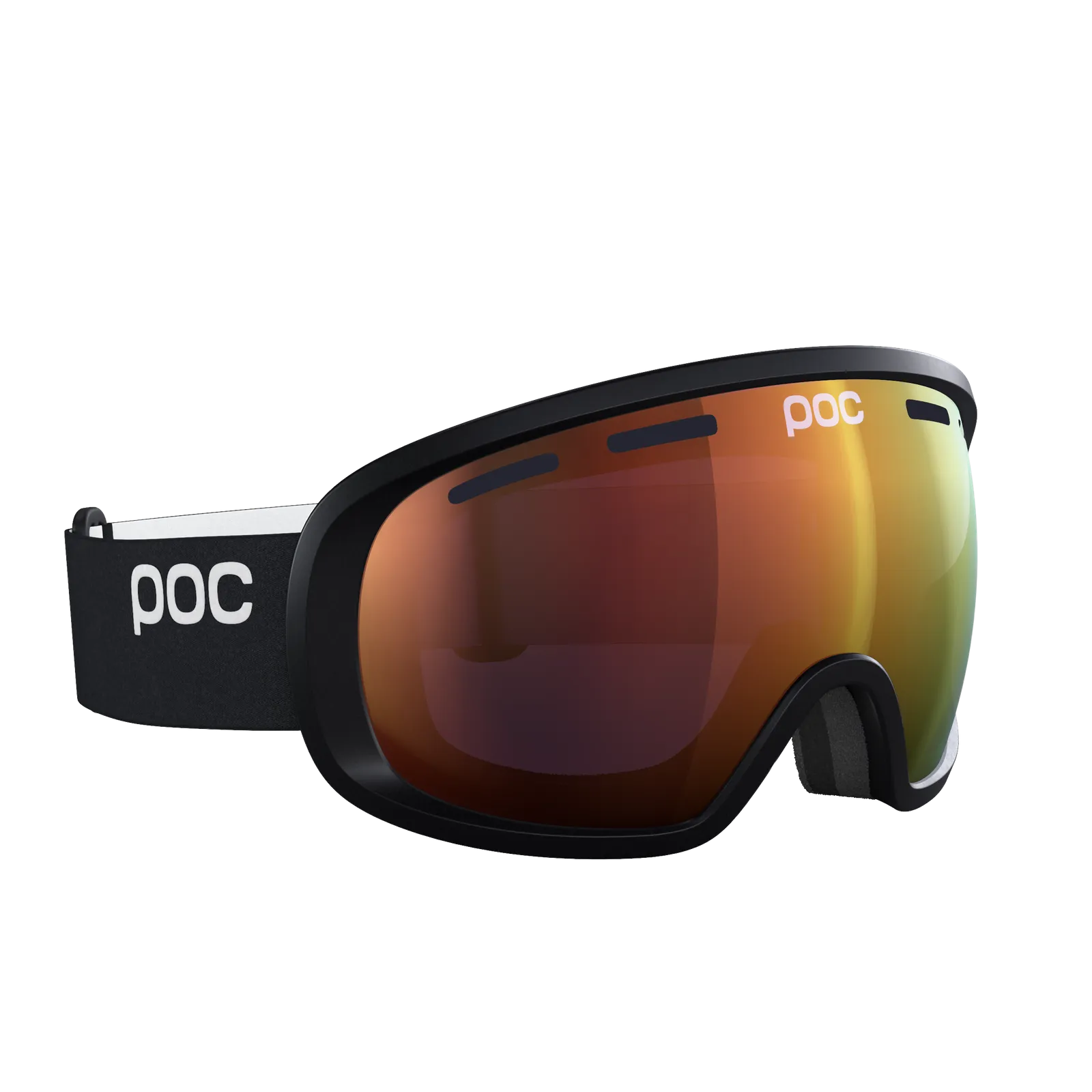 Skibrille POC Fovea Clarity, schwarzer Rahmen, orange-gelbe torische Linse, POC Logo am Brillenband.