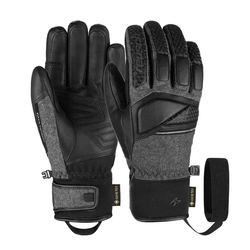 Zwei Reusch Alexis Pinturault GTX Skihandschuhe mit Gore-Tex und Gore Grip Technologie. Die Handschuhe sind in Grau und Schwarz gehalten.