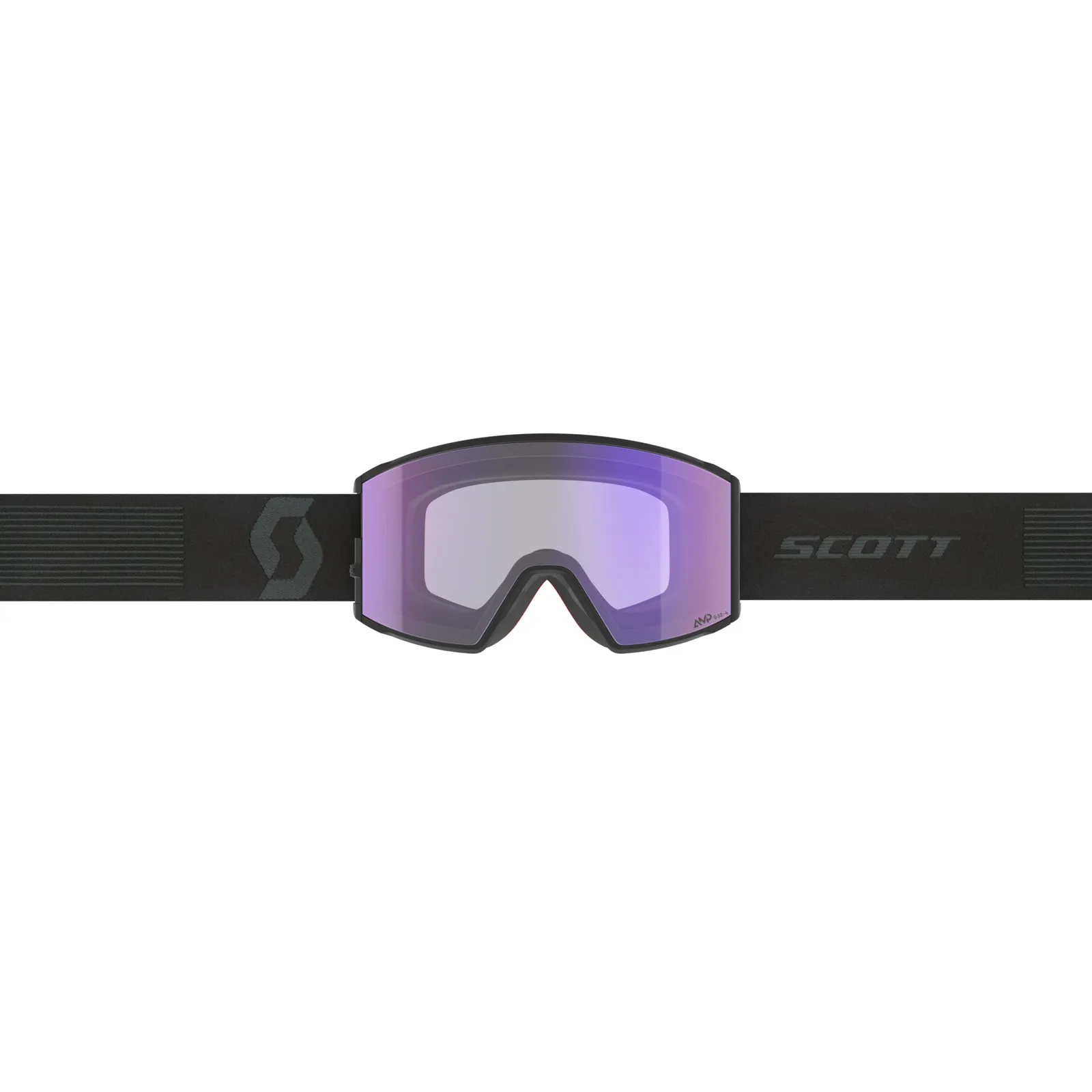 Schwarze Skibrille mit violett getönten Gläsern und einem schwarzen, strukturierten Band mit dem Schriftzug "SCOTT".