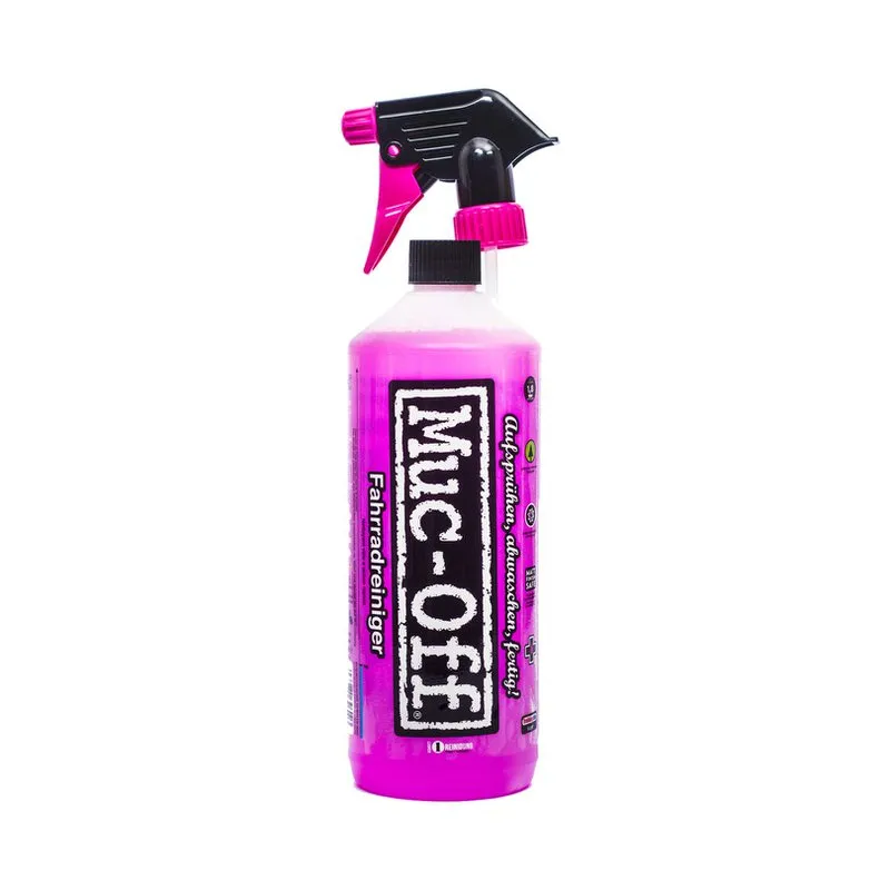 Pinke Sprühflasche Muc-Off Fahrradreiniger Nano Tech, schwarzer Sprühkopf mit pinken Akzenten, weiße Schrift.