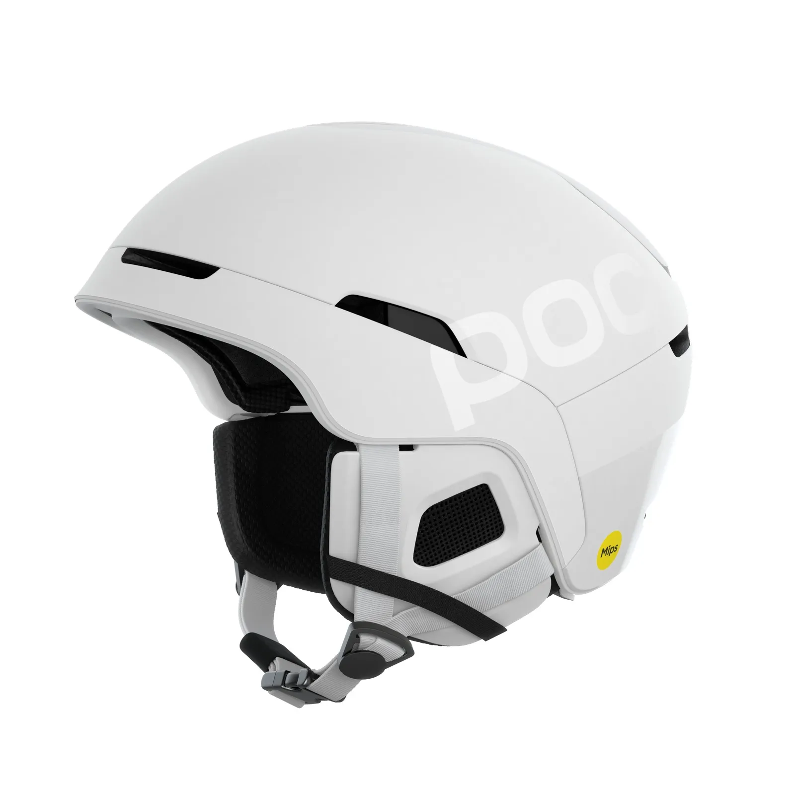 Ein weißer POC Obex BC MIPS Skihelm, seitlich, mit Belüftungsöffnungen und MIPS-Logo.