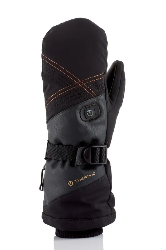 Schwarzer Therm-ic Ultra Heat Mitten Women Fausthandschuh mit goldenen Nähten und Logo, sowie einem Riemen mit Verschluss.