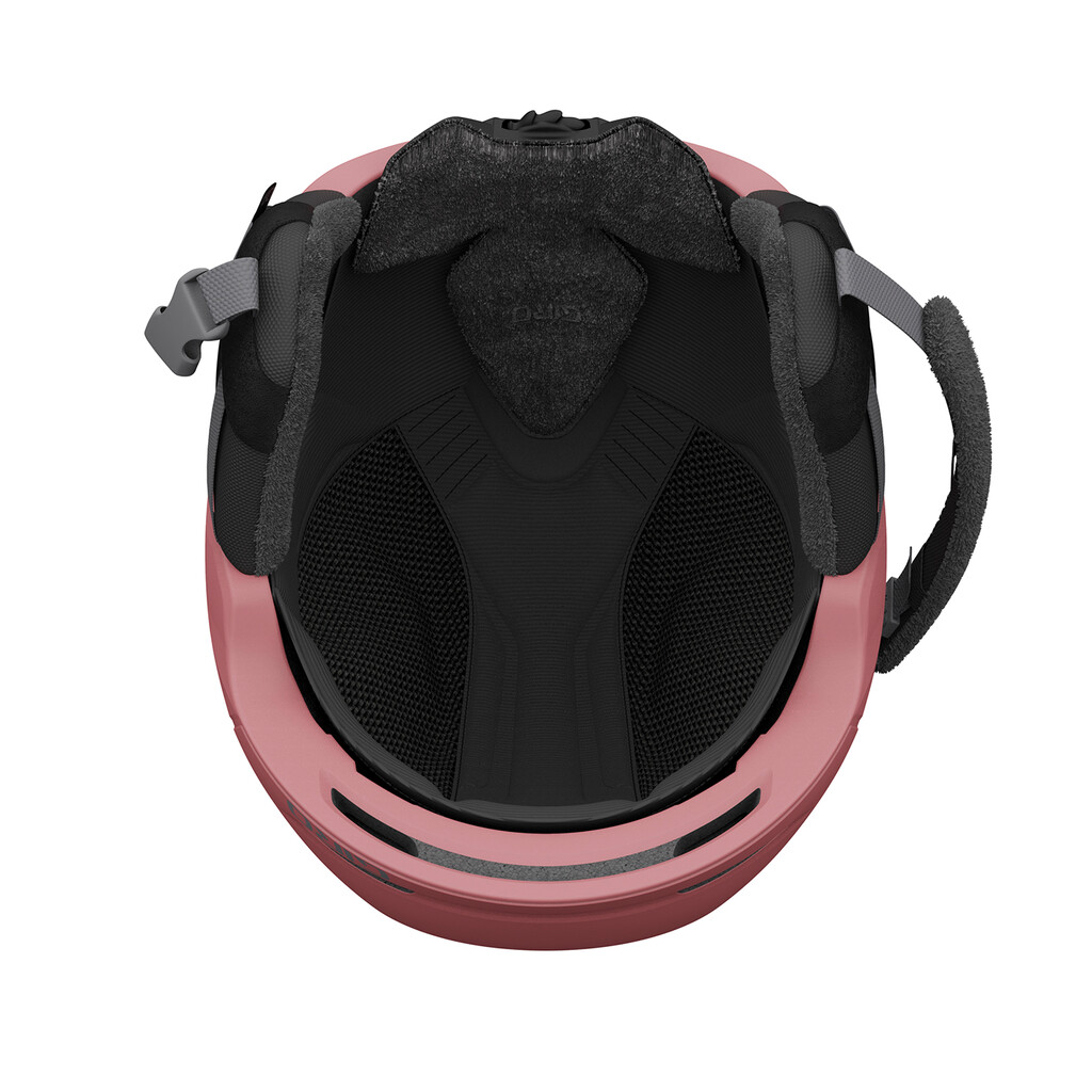 Detailaufnahme von oben: Matte Rosé Giro Avera MIPS Helm mit schwarzer Innenausstattung und Einstellsystem.