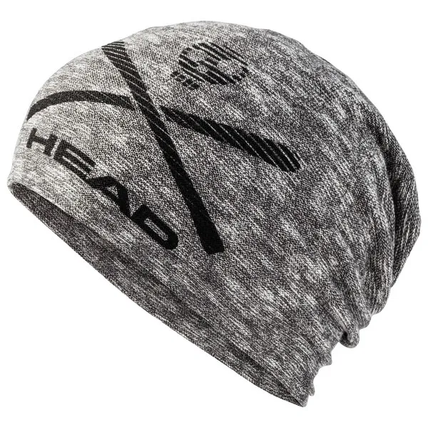 Graue Head Race Beanie mit schwarzen Logos und zwei gekreuzten Skiern, lässiger Oversized-Look.