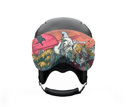 Schwarzer Skihelm mit Visor Schwarzer Skihelm mit Visor-Schutz. Der Visor-Schutz zeigt Berge, Adler und eine rote Sonne.