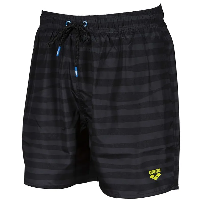 Schwarze Badehose mit horizontalen Streifen und Kordelzug. Das Arena Logo ist unten rechts angebracht.