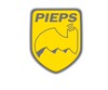 Gelbes Schild mit dem Schriftzug "PIEPS" und einer stilisierten Berglandschaft in der Mitte.
