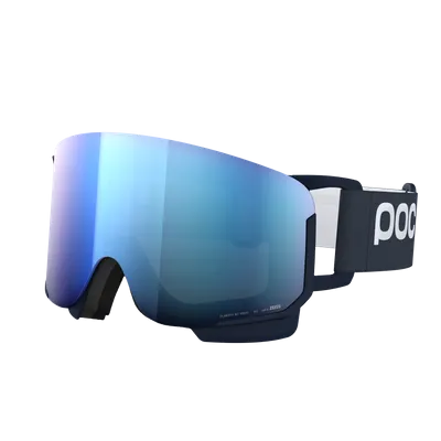 Dunkelblaue Skibrille mit breitem, elastischem Band und bläulich verspiegelter, zylindrischer Linse.