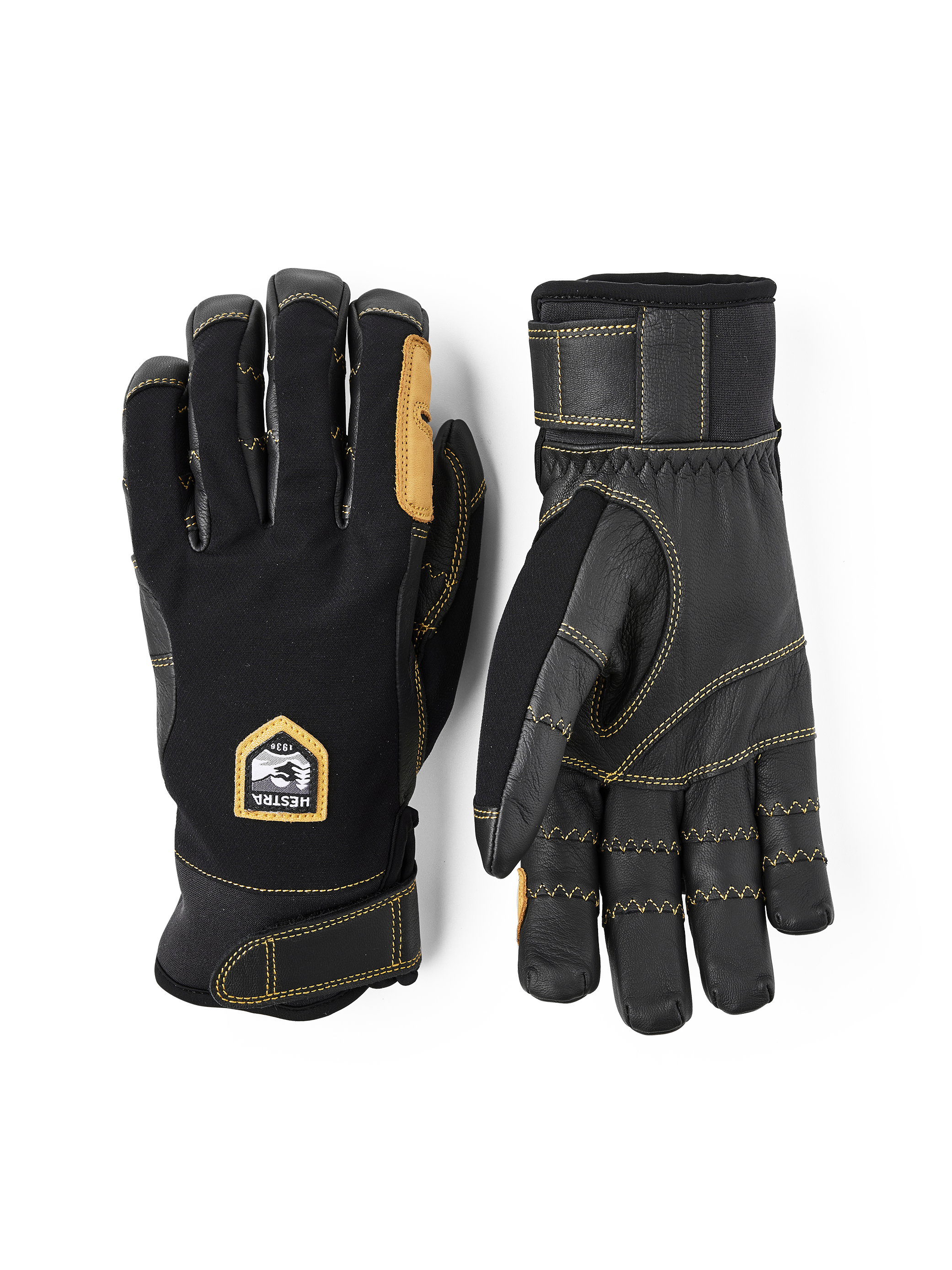 Zwei Outdoor-Handschuhe Hestra Ergo Grip Active, einer mit Handfläche aus Leder, der andere mit Hestra-Logo auf dem Handrücken.
