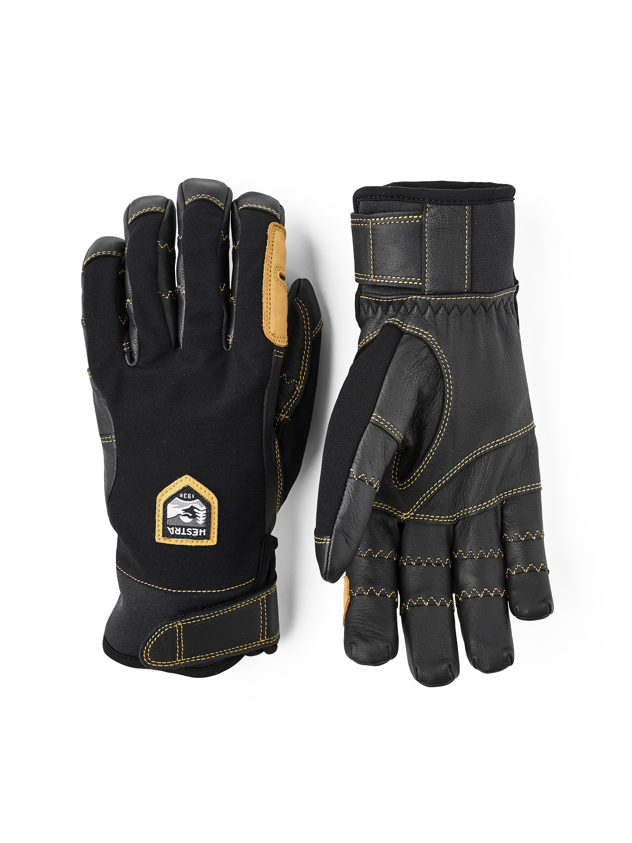 Zwei Outdoor-Handschuhe Hestra Ergo Grip Active, einer mit Handfläche aus Leder, der andere mit Hestra-Logo auf dem Handrücken.