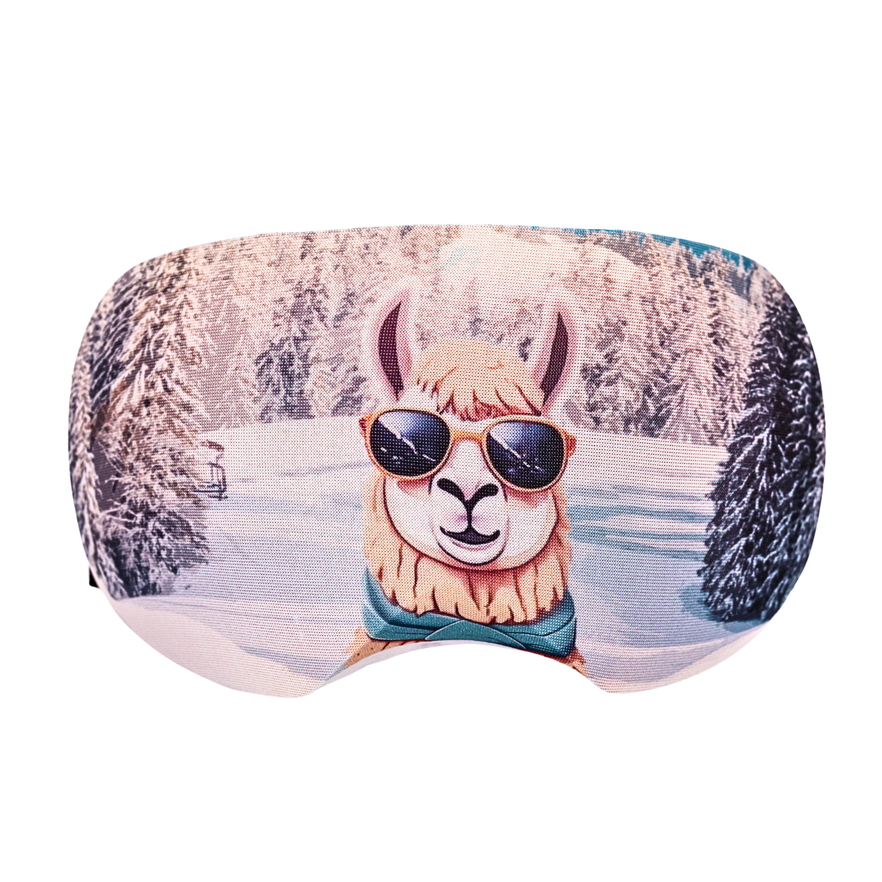 Schlafmaske mit Lama-Motiv, das eine Sonnenbrille und einen Schal vor einem verschneiten Winterwald trägt.