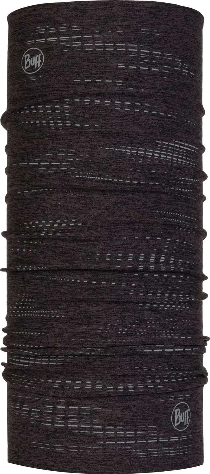 Schwarzes, nahtloses Dryflx Buff Schlauchtuch mit reflektierenden Elementen und dem Buff-Logo oben und unten.