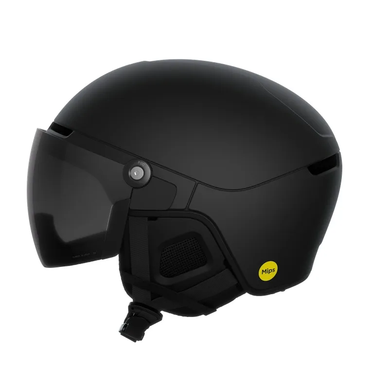 Schwarzer POC Obex Visor Skihelm mit integriertem Visor und MIPS-Technologie, seitliche Ansicht.