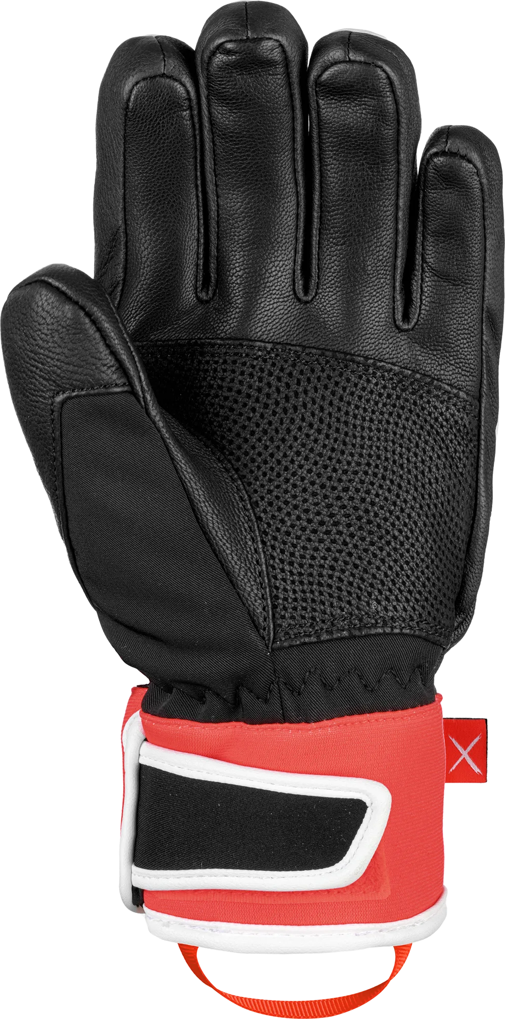 Schwarzer Reusch Worldcup Warrior GS Junior Rennhandschuh von der Handflächenseite. Rot-weißes Band am Handgelenk mit Verschluss.