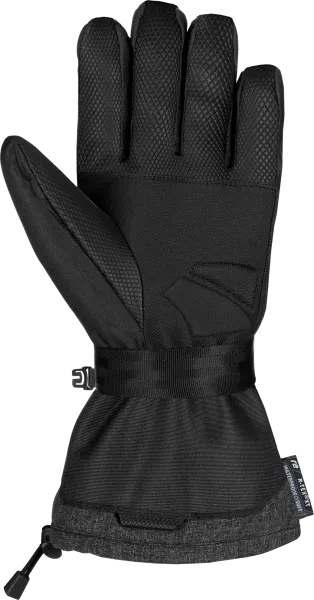 Eine schwarze, isolierte Skihandschuh mit Handfläche nach oben, zeigt Details wie Textur und Riemen.