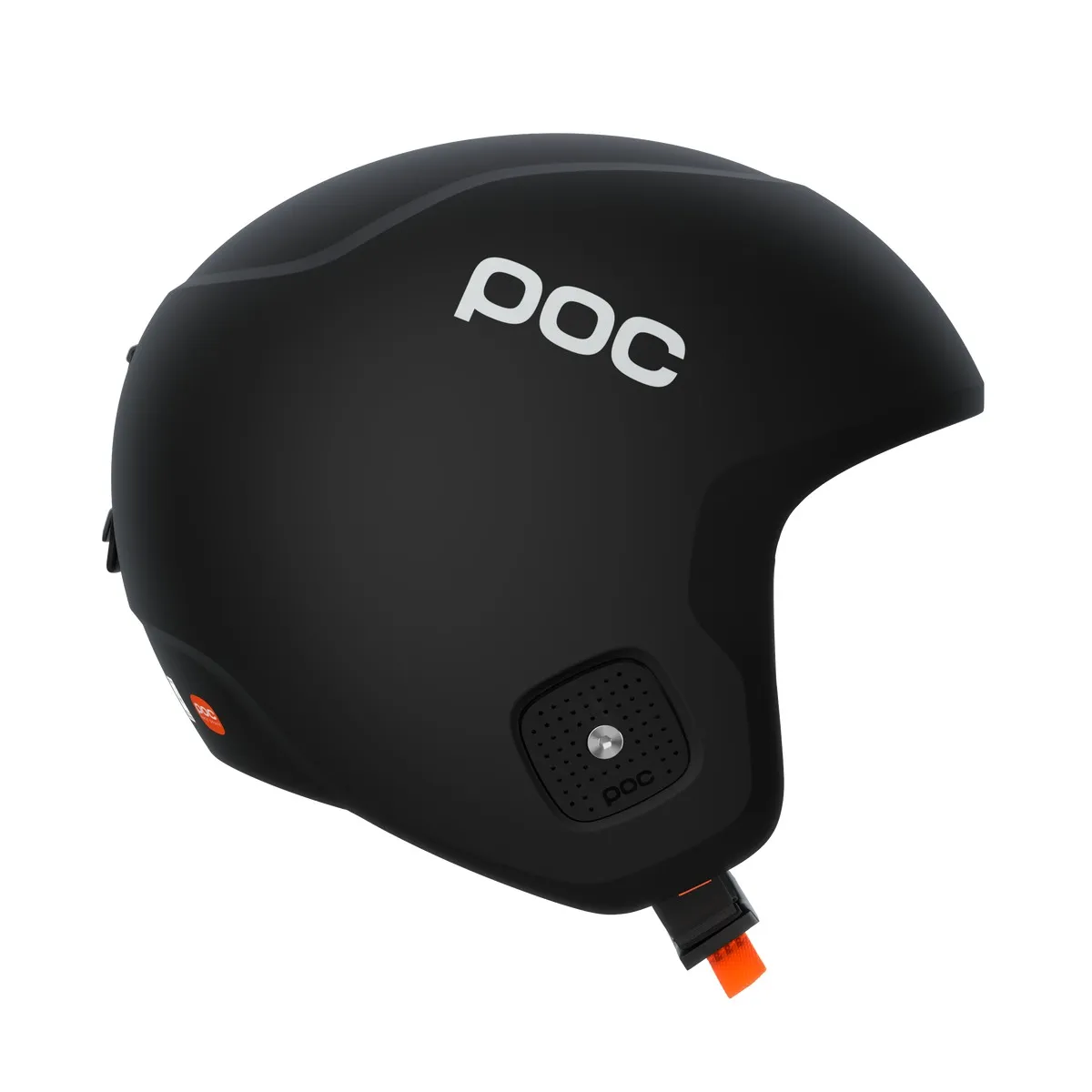 Schwarzer Poc Skull Dura X Spin Skihelm, seitliche Ansicht, mit weißem "Poc"-Logo und orangenem Kinnriemen auf weißem Hintergrund.