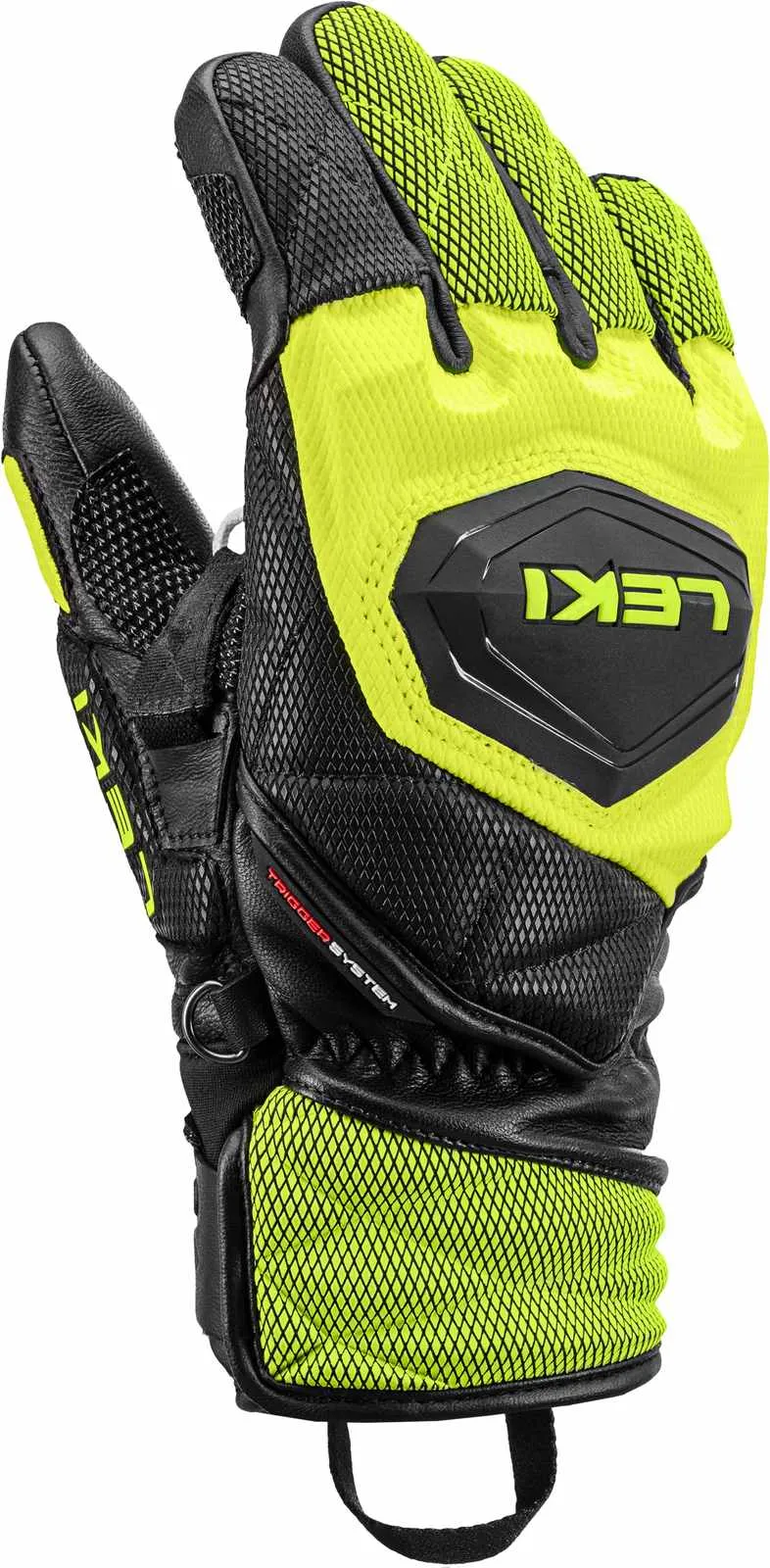 Detailansicht des Leki WCR Venom 3D Junior Rennhandschuhs in Schwarz und Gelb, Fokus auf Handfläche und Leki-Logo.