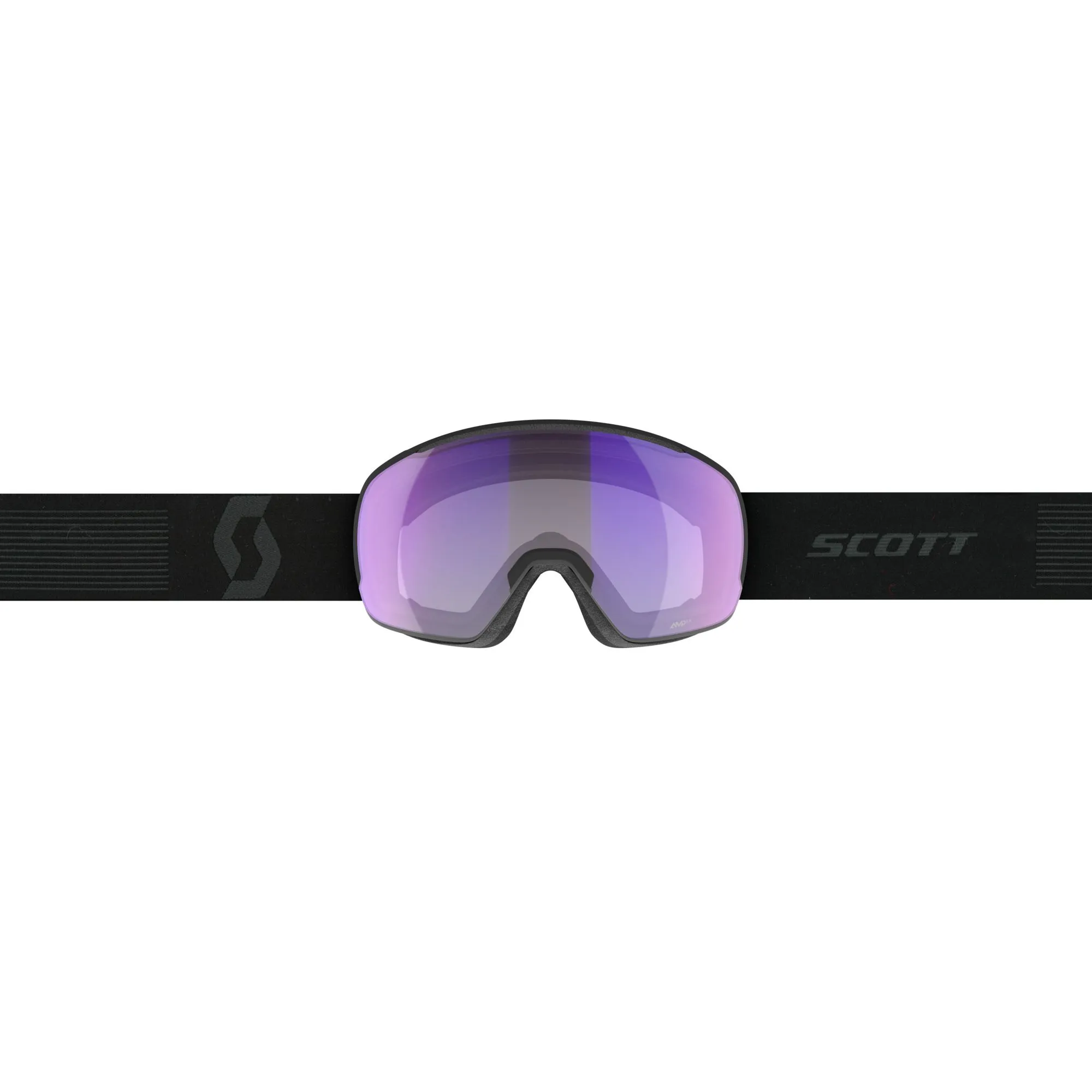 Frontansicht der schwarzen Scott Sphere OTG LS Skibrille mit lila-silberner sphärischer photochromer Scheibe.