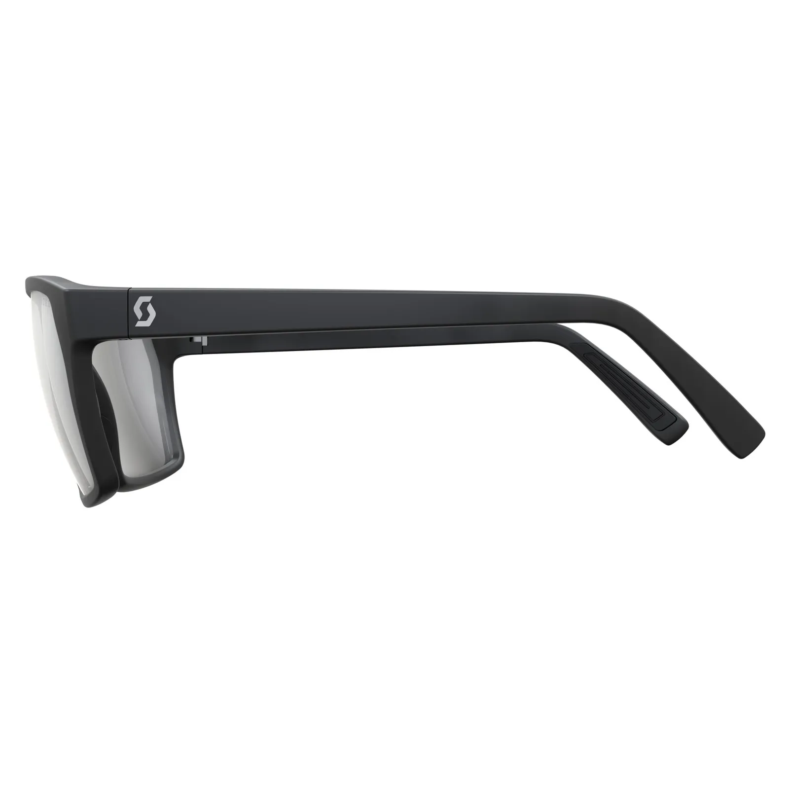 Schwarze SCOTT Tune polarisierte Brille, Seitenansicht mit Logo auf Bügel, polarisierte Gläser.