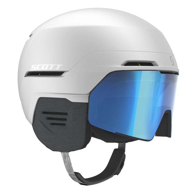 Weisser Scott Skihelm "Blend Plus LS" mit blau verspiegeltem Visier und grauem Ohrenschutz.