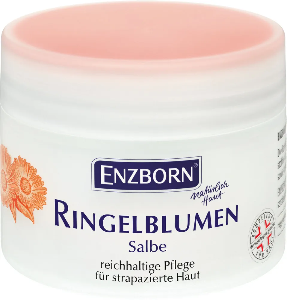 Weisse Dose der Ringelblumensalbe von ENZBORN mit Ringelblumen-Illustration.